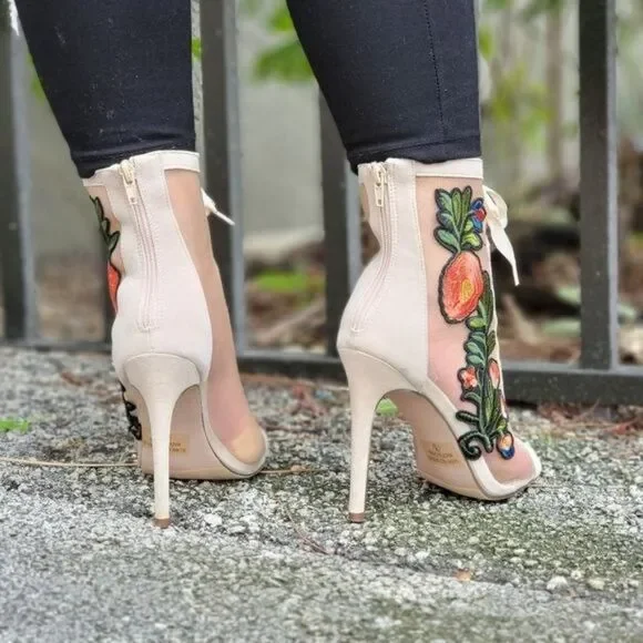 Women Ankle Open Toe High Heel Booties Lace Up Nude Color - Picture 6 of 7